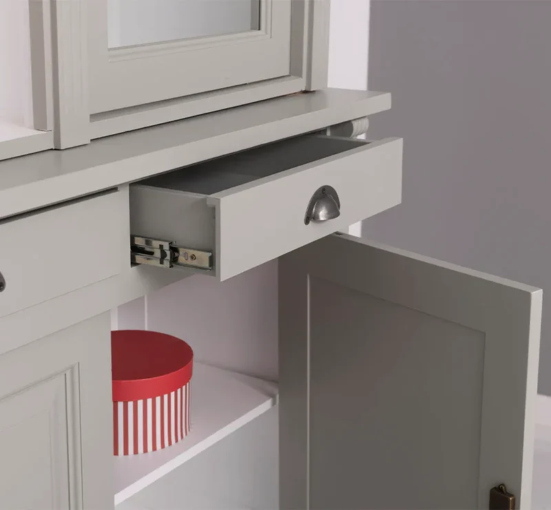 Regalschrank aus Massivholz | Bücherschrank mit 6 Türen und 4 Schubladen | Wohnzimmerschrank mit zwei verglasten Türen