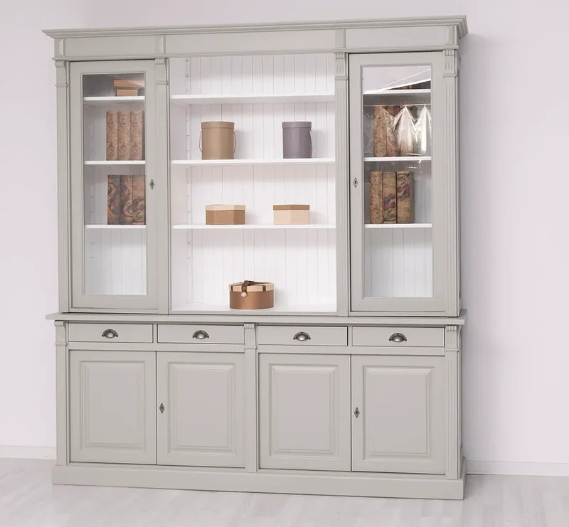 Regalschrank aus Massivholz | Bücherschrank mit 6 Türen und 4 Schubladen | Wohnzimmerschrank mit zwei verglasten Türen