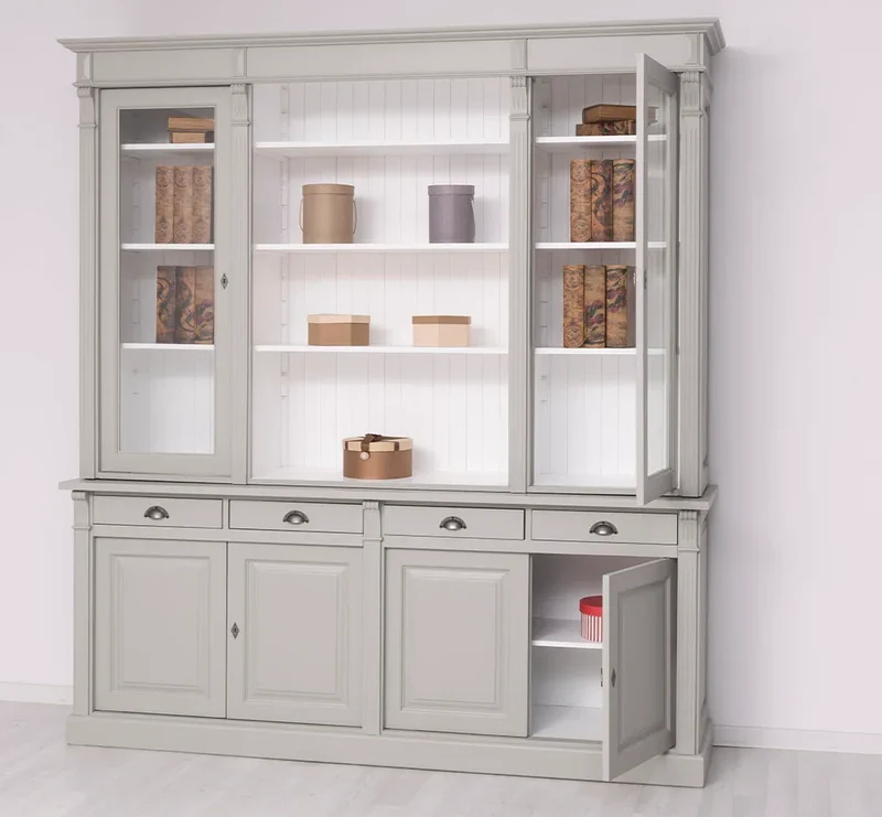 Regalschrank aus Massivholz | Bücherschrank mit 6 Türen und 4 Schubladen | Wohnzimmerschrank mit zwei verglasten Türen