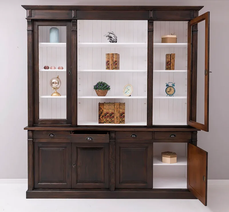 Regalschrank aus Massivholz | Bücherschrank mit 6 Türen und 4 Schubladen | Wohnzimmerschrank mit zwei verglasten Türen