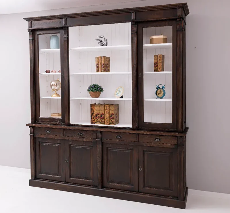 Regalschrank aus Massivholz | Bücherschrank mit 6 Türen und 4 Schubladen | Wohnzimmerschrank mit zwei verglasten Türen