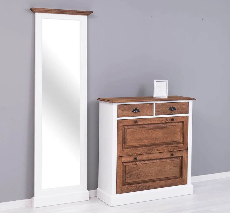 Garderoben Set aus massiver Eiche bestehend aus Schuhschrank und Ganzkörperspiegel