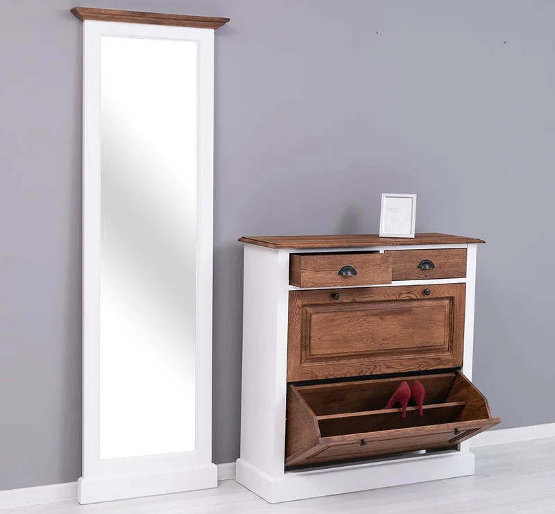 Garderoben Set aus massiver Eiche bestehend aus Schuhschrank und Ganzkörperspiegel
