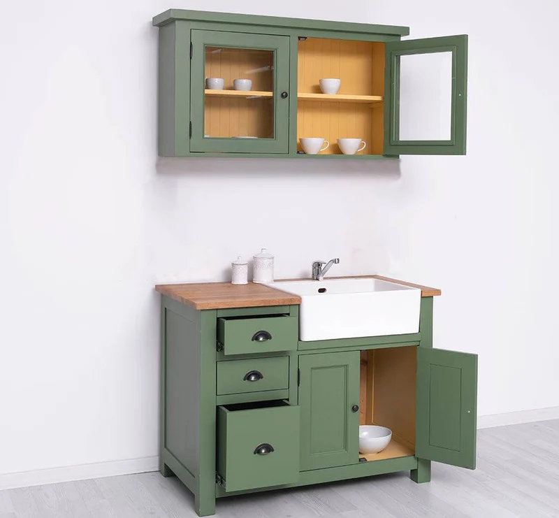 Kleines Küchenset - Spültisch aus Massivholz mit Eichenplatte | Mit Spülbecken und Hängeschrank