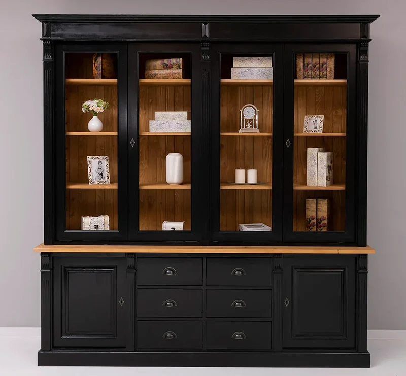 Großer Bücherschrank aus Massivholz | 2-teiliger Aktenschrank | Vitrine | Wohnzimmerschrank