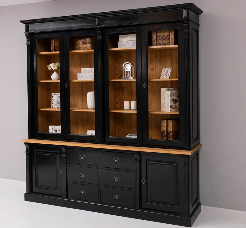 Großer Bücherschrank aus Massivholz | 2-teiliger Aktenschrank | Vitrine | Wohnzimmerschrank