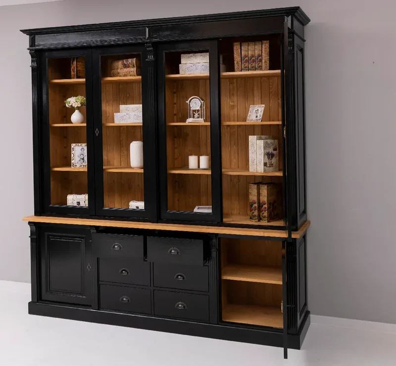 Großer Bücherschrank aus Massivholz | 2-teiliger Aktenschrank | Vitrine | Wohnzimmerschrank