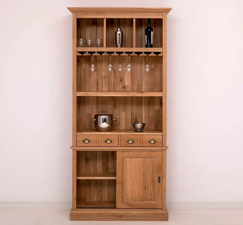 Rustikales Regal aus massiver Eiche mit Glashalterung | Geschirrschrank