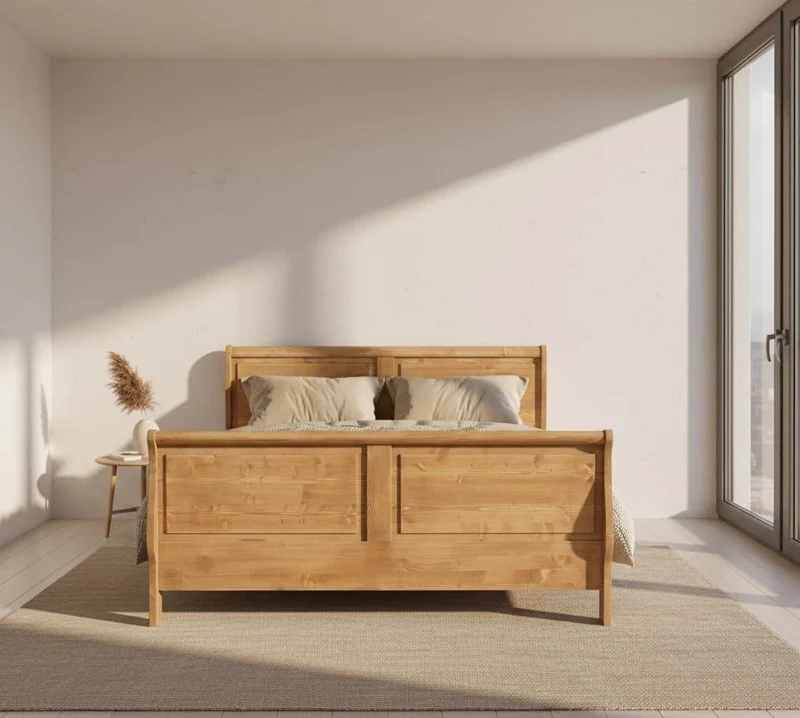 Bett im Landhausstil aus Massivholz mit geschwungenem Kopf- und Fußteil