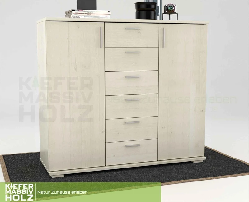 Nobis Kommode aus massivem Kiefernholz | Sideboard mit 2 Türen und 6 Schubladen | 107 cm hoch | 100% Bio Kiefer Massivholz