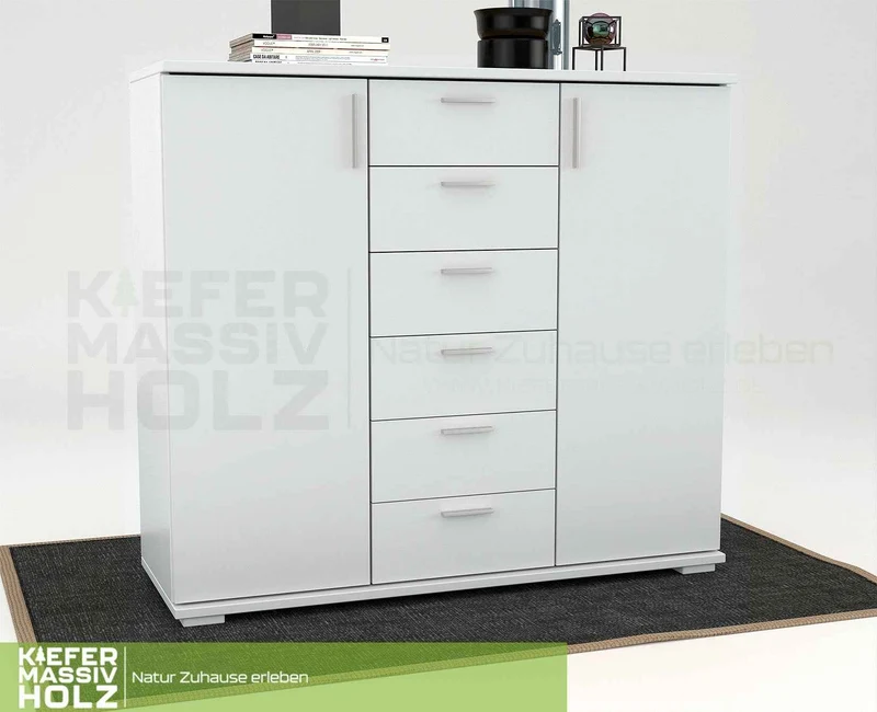 Nobis Kommode aus massivem Kiefernholz | Sideboard mit 2 Türen und 6 Schubladen | 107 cm hoch | 100% Bio Kiefer Massivholz