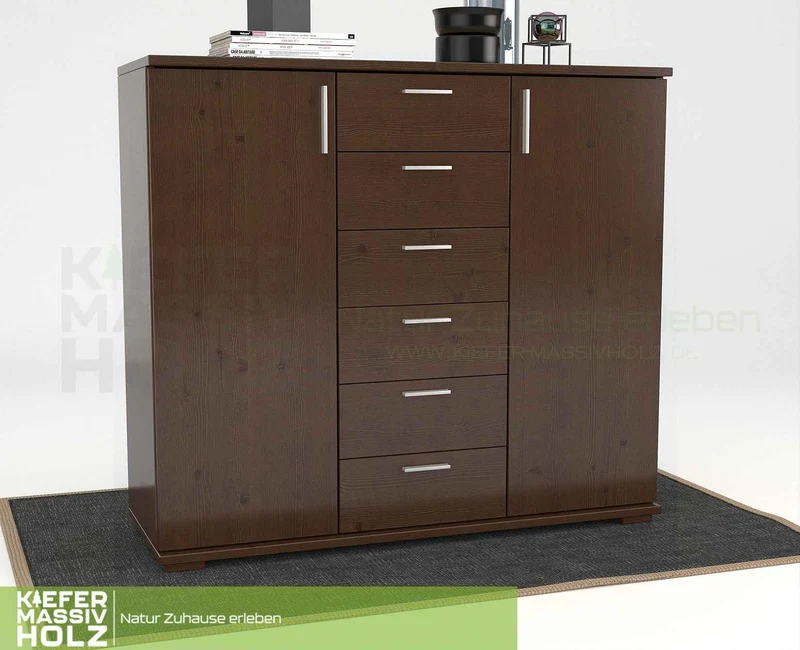 Nobis Kommode aus massivem Kiefernholz | Sideboard mit 2 Türen und 6 Schubladen | 107 cm hoch | 100% Bio Kiefer Massivholz