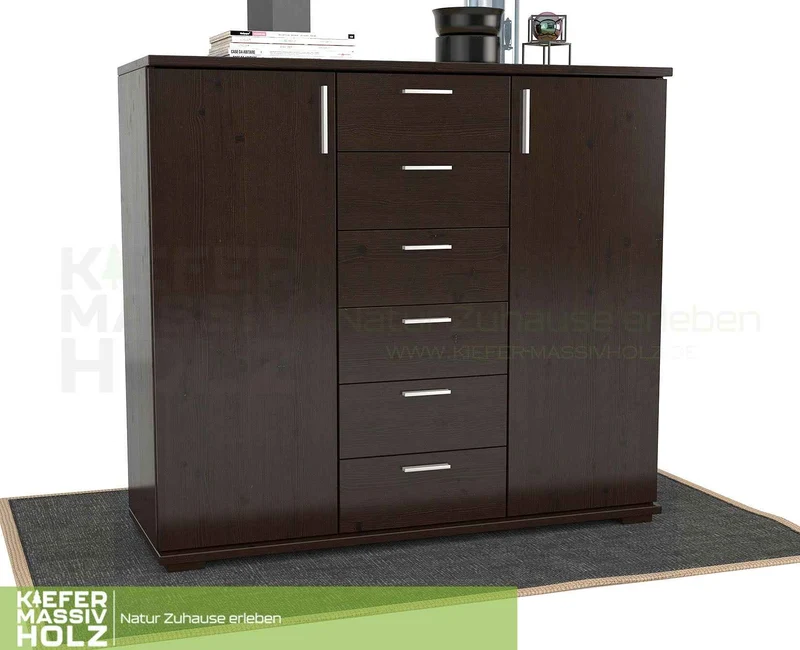 Nobis Kommode aus massivem Kiefernholz | Sideboard mit 2 Türen und 6 Schubladen | 107 cm hoch | 100% Bio Kiefer Massivholz