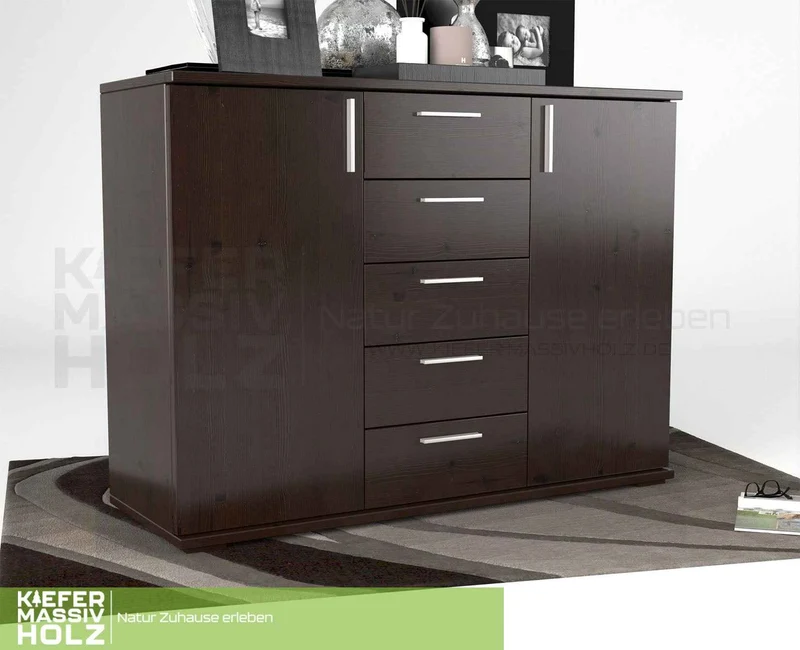 Nobis Kommode Bio Kiefer Massivholz 120-er | 5-Schubladen Sideboard | 2-Türig Anrichte