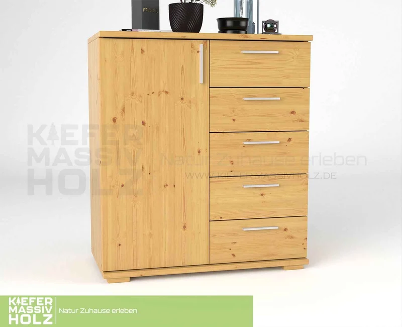 Nobis Kommode 90-er | Sideboard aus 100% Bio Kiefer Massivholz | 5-Schubladen, 1-Türig Anrichte