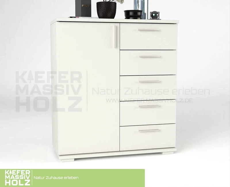 Nobis Kommode 90-er | Sideboard aus 100% Bio Kiefer Massivholz | 5-Schubladen, 1-Türig Anrichte