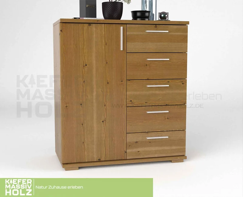 Nobis Kommode 90-er | Sideboard aus 100% Bio Kiefer Massivholz | 5-Schubladen, 1-Türig Anrichte