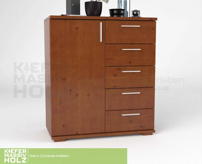 Nobis Kommode 90-er | Sideboard aus 100% Bio Kiefer Massivholz | 5-Schubladen, 1-Türig Anrichte