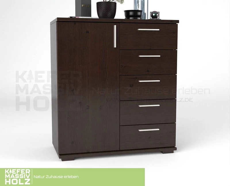 Nobis Kommode 90-er | Sideboard aus 100% Bio Kiefer Massivholz | 5-Schubladen, 1-Türig Anrichte