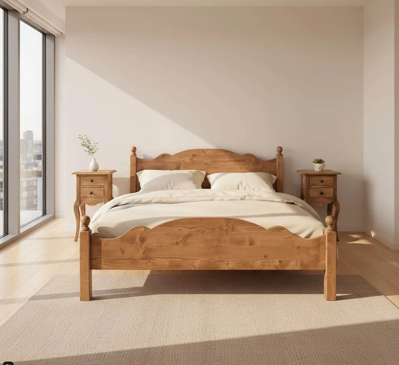 Schlafzimmer Set - Bett aus Massivholz mit geschwungenem Kopf- und Fußteil und zwei Nachttischen