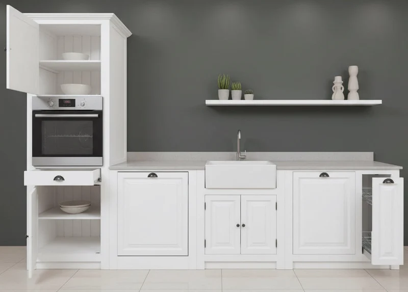 Küchenzeile aus Massivholz Weiß mit Backofenumbauschrank | Hochschrank für Backofen | Spülbecken | Ausziehschrank | Spülmaschinenschrank | Massivholzküche