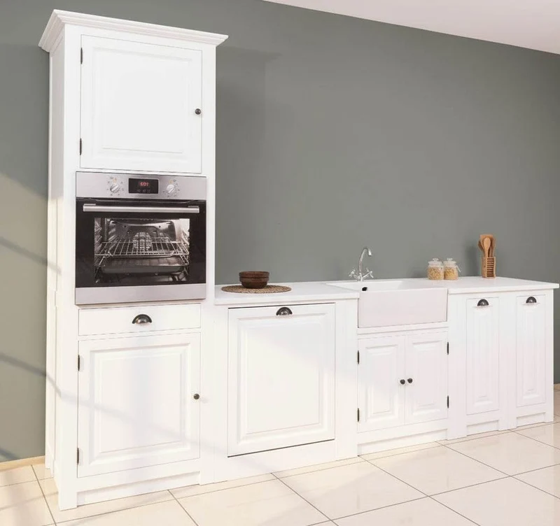 Küchenzeile aus Massivholz Weiß mit Backofenumbauschrank | Hochschrank für Backofen | Spülbecken | Ausziehschrank | Spülmaschinenschrank | Massivholzküche
