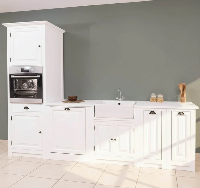 Küchenzeile aus Massivholz Weiß mit Backofenumbauschrank | Hochschrank für Backofen | Spülbecken | Ausziehschrank | Spülmaschinenschrank | Massivholzküche