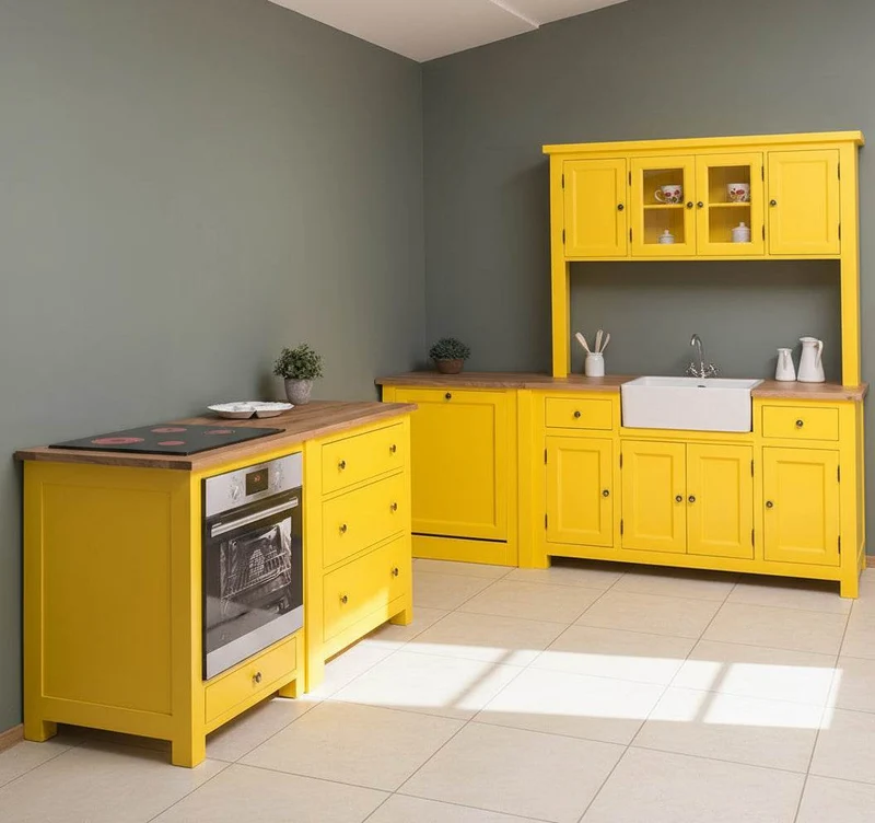 Küchenzeile aus Massivholz in Gelb- Komplette Massivholzküche mit freistehendem Geschirrschrank