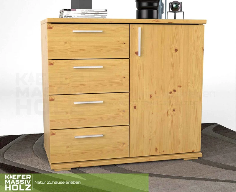 Nobis Kommode aus Bio Kiefer Massivholz | Sideboard mit 4 kleinen Schubladen und 1 Tür