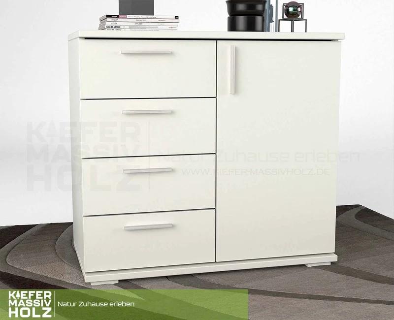 Nobis Kommode aus Bio Kiefer Massivholz | Sideboard mit 4 kleinen Schubladen und 1 Tür