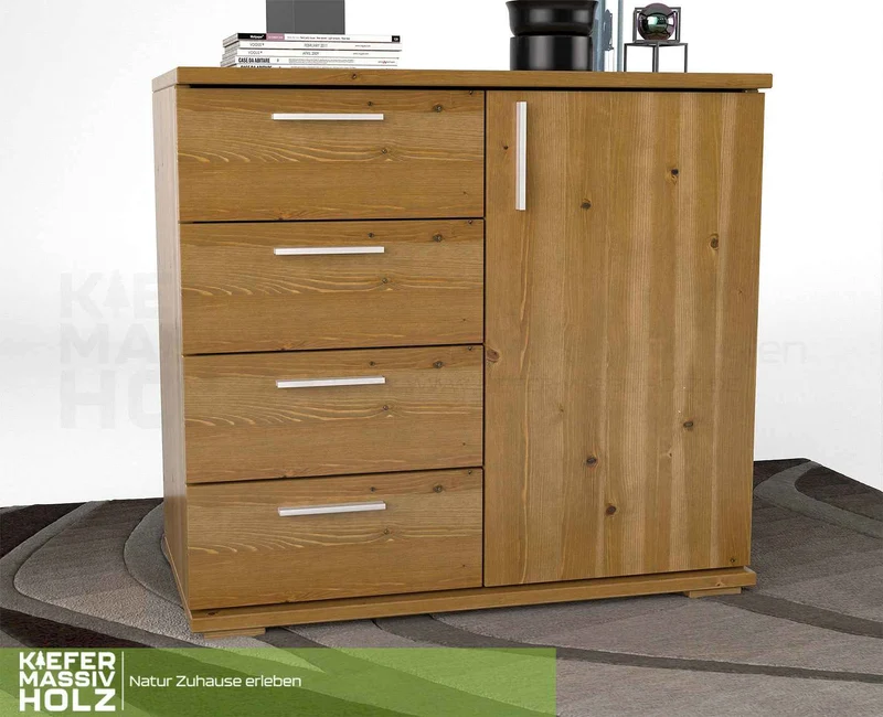 Nobis Kommode aus Bio Kiefer Massivholz | Sideboard mit 4 kleinen Schubladen und 1 Tür
