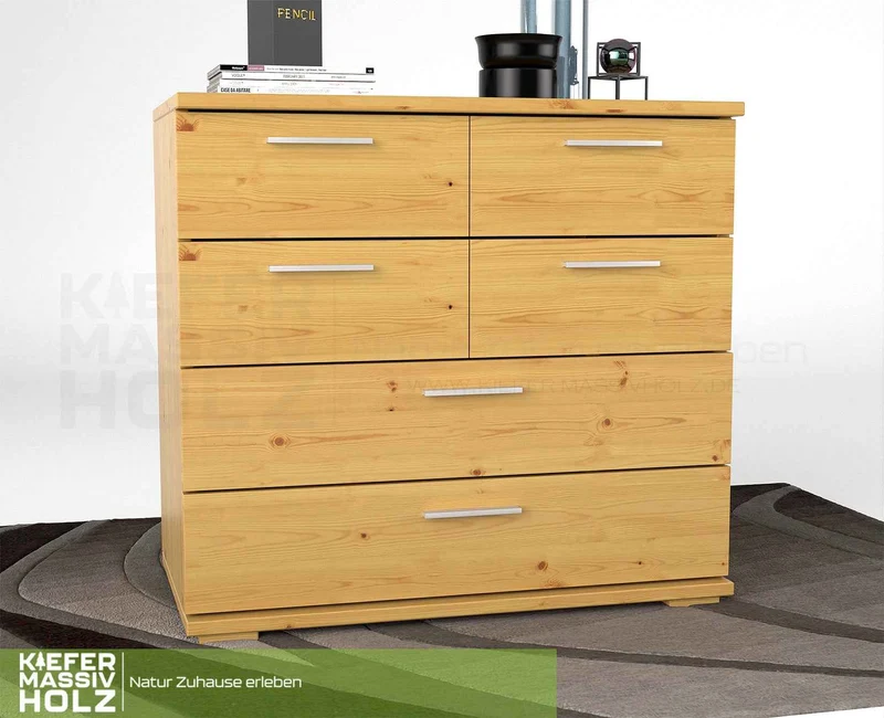Nobis Kommode Bio Kiefer Massivholz | Sideboard mit 4 kleinen und 2 großen Schubladen | Anrichte aus 100% Bio Kiefer