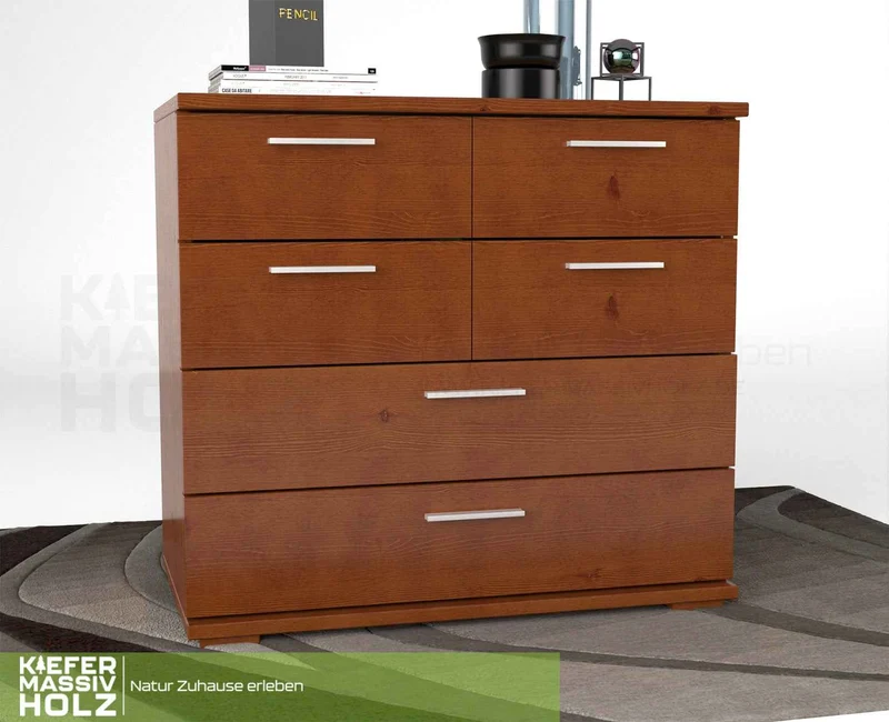 Nobis Kommode Bio Kiefer Massivholz | Sideboard mit 4 kleinen und 2 großen Schubladen | Anrichte aus 100% Bio Kiefer