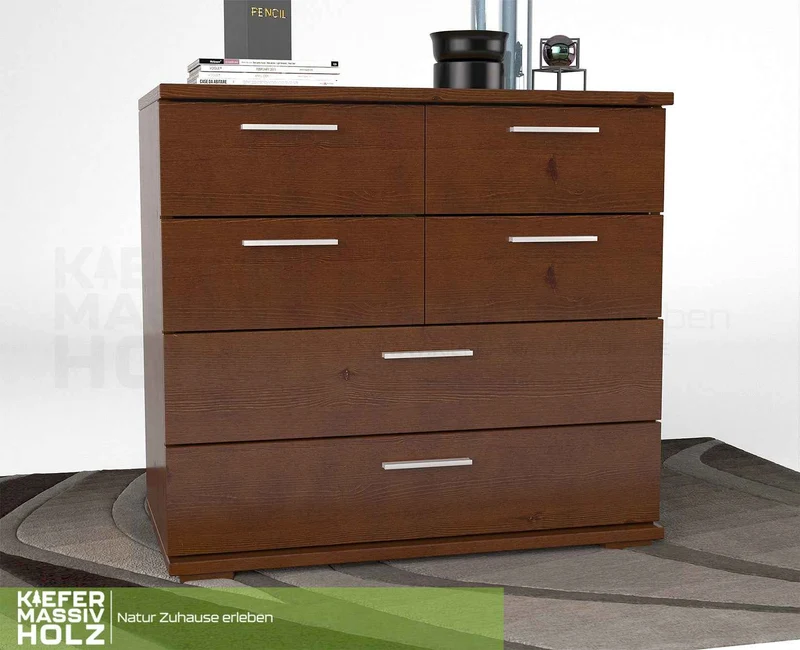 Nobis Kommode Bio Kiefer Massivholz | Sideboard mit 4 kleinen und 2 großen Schubladen | Anrichte aus 100% Bio Kiefer