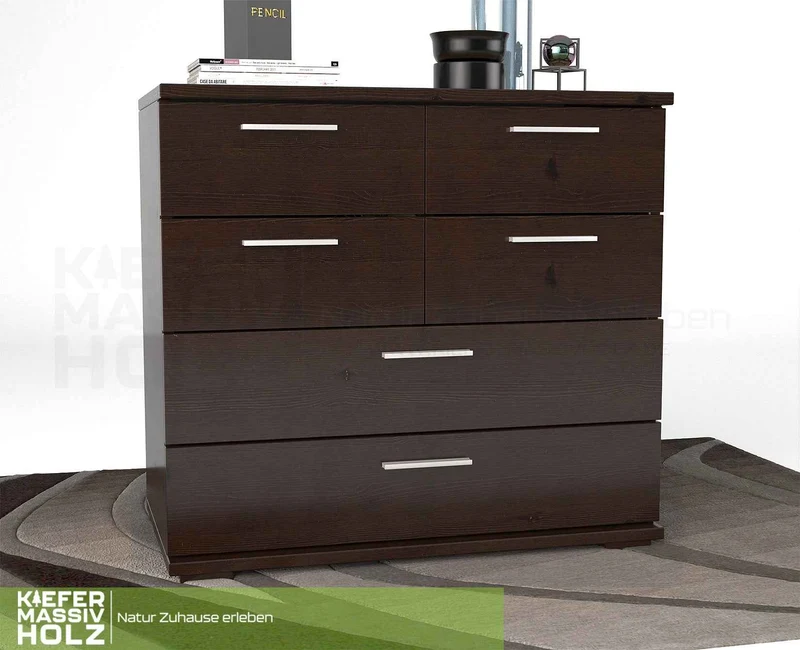 Nobis Kommode Bio Kiefer Massivholz | Sideboard mit 4 kleinen und 2 großen Schubladen | Anrichte aus 100% Bio Kiefer