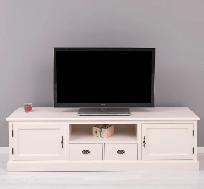 Großes TV-Board aus Massivholz | Zweitüriges Lowboard mit Schubladen