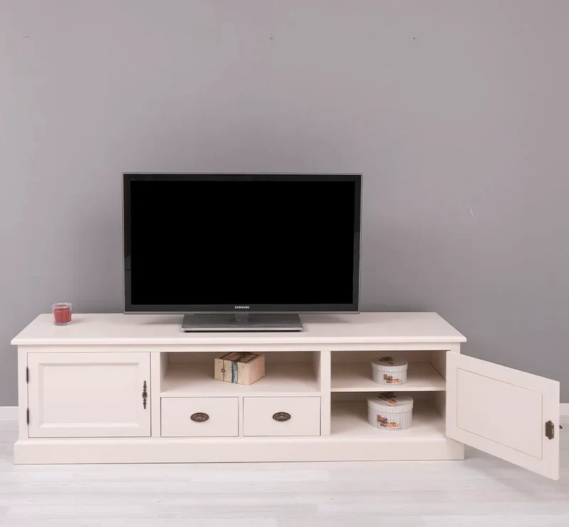 Großes TV-Board aus Massivholz | Zweitüriges Lowboard mit Schubladen