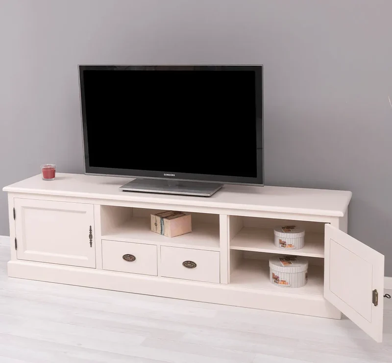 Großes TV-Board aus Massivholz | Zweitüriges Lowboard mit Schubladen