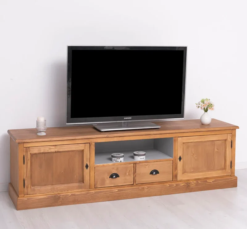 Großes TV-Board aus Massivholz | Zweitüriges Lowboard mit Schubladen
