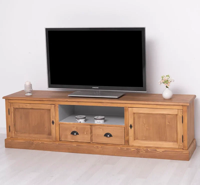 Großes TV-Board aus Massivholz | Zweitüriges Lowboard mit Schubladen