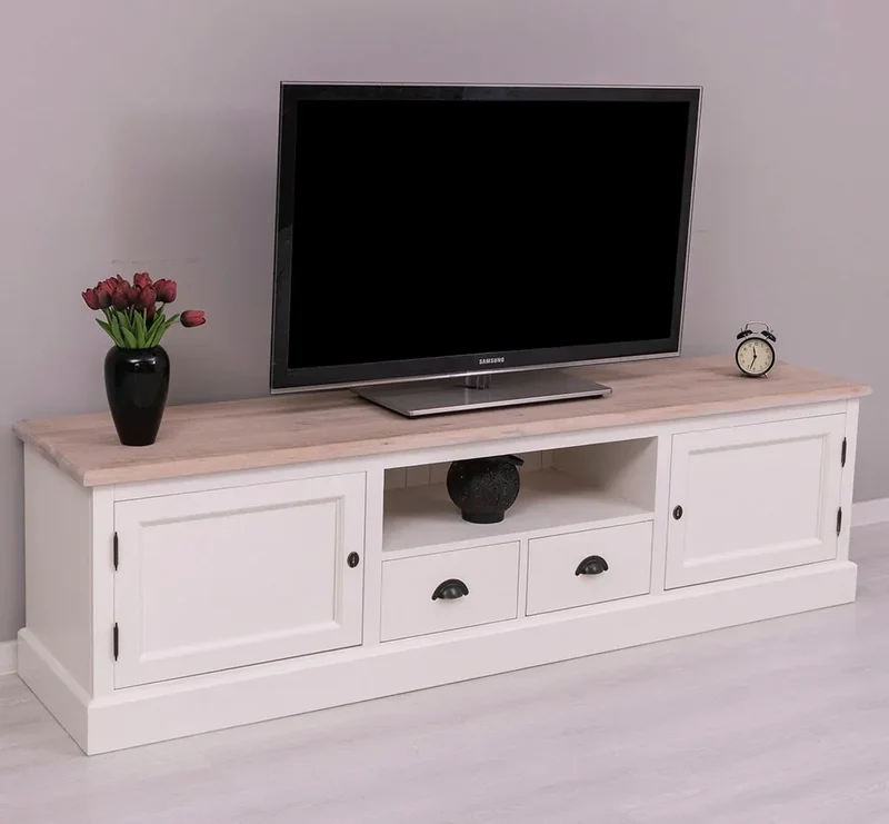 Großes TV-Board aus Massivholz | Zweitüriges Lowboard mit Schubladen