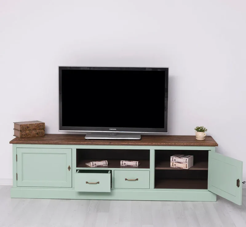 Großes TV-Board aus Massivholz | Zweitüriges Lowboard mit Schubladen