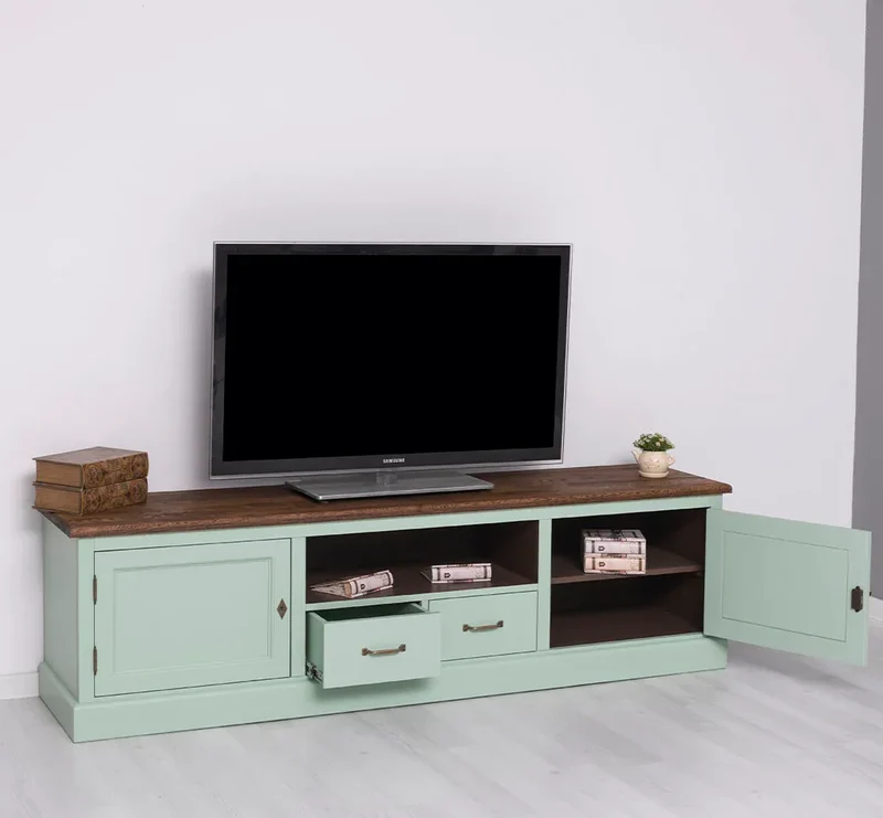 Großes TV-Board aus Massivholz | Zweitüriges Lowboard mit Schubladen