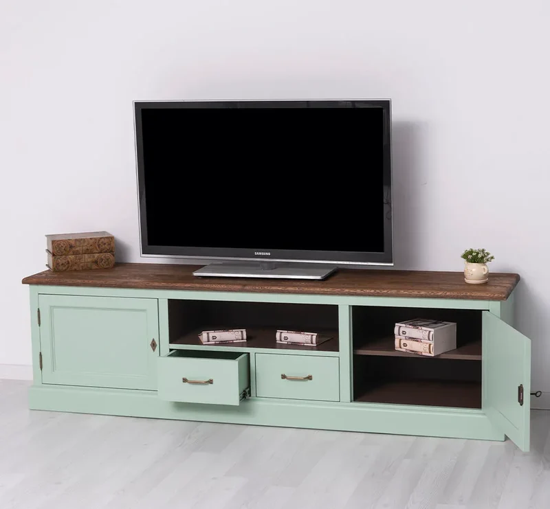 Großes TV-Board aus Massivholz | Zweitüriges Lowboard mit Schubladen