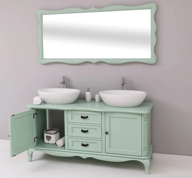 Badezimmer-Set aus Massivholz | Geschwungener Spiegel und Waschtisch