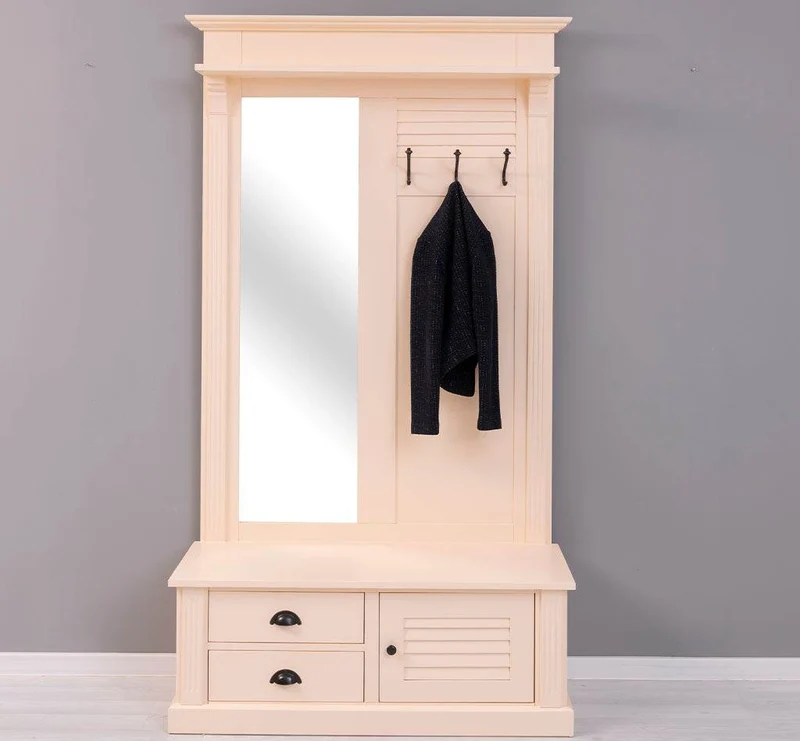 Spiegelgarderobe aus Massivholz mit Sitzfläche | 3 Haken | Schuhfächern und 2 Schubladen