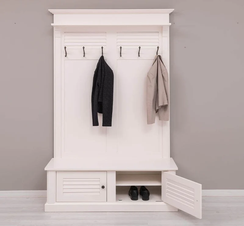 Garderobe aus Massivholz mit Sitzfläche | 6 Haken, Schuhschrank, Lamellentüren