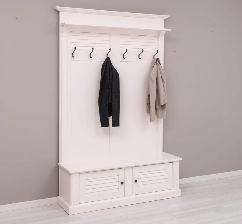 Garderobe aus Massivholz mit Sitzfläche | 6 Haken, Schuhschrank, Lamellentüren