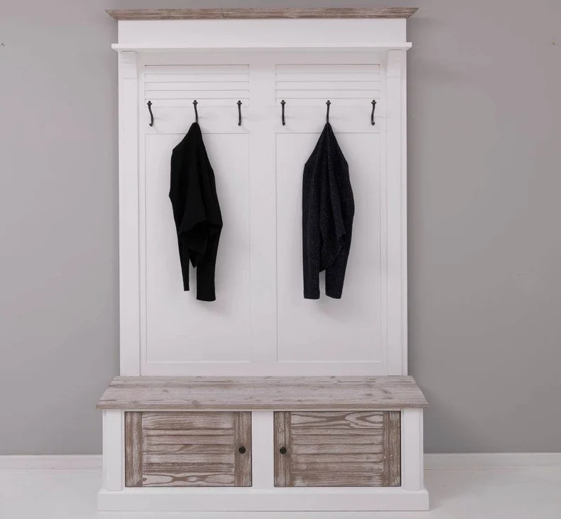 Garderobe aus Massivholz mit Sitzfläche | 6 Haken, Schuhschrank, Lamellentüren