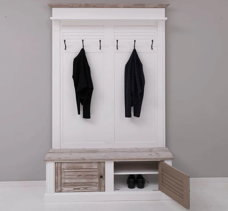 Garderobe aus Massivholz mit Sitzfläche | 6 Haken, Schuhschrank, Lamellentüren
